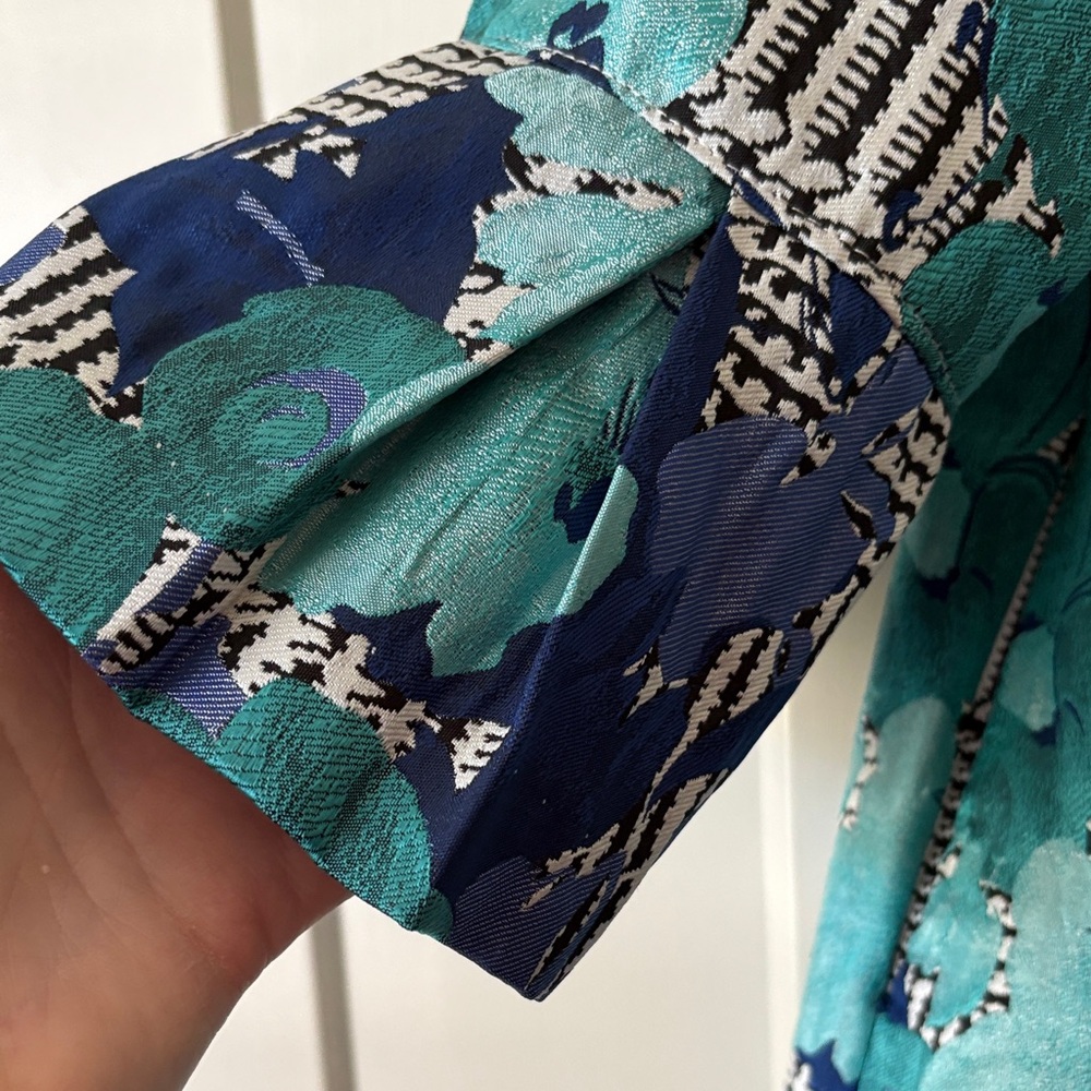 Patterned Floral Swing Coat with Teal & Navy Accents - Picture 3 of 5